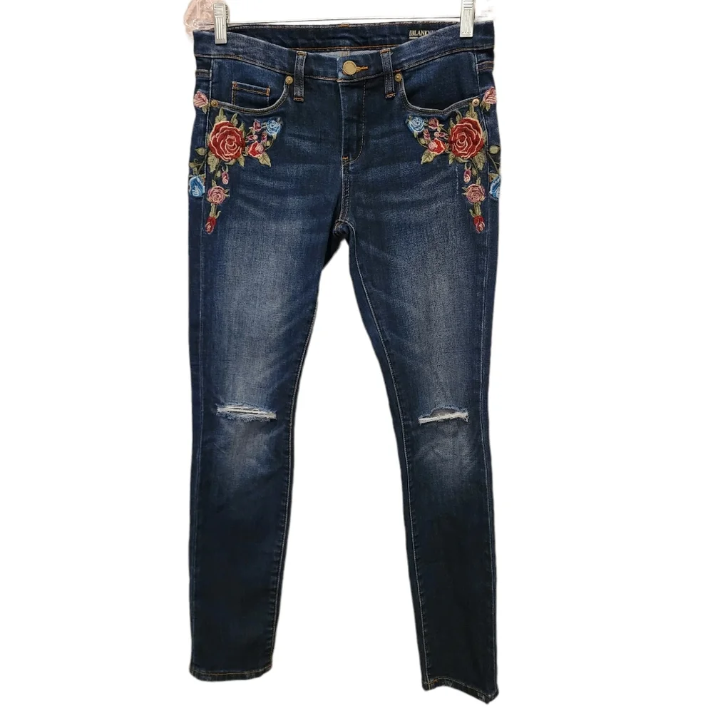 Blank NYC Dark Wash Floral Embroidered Busted Knee Skinny Leg Jeans Size 28 - Picture 5 of 11